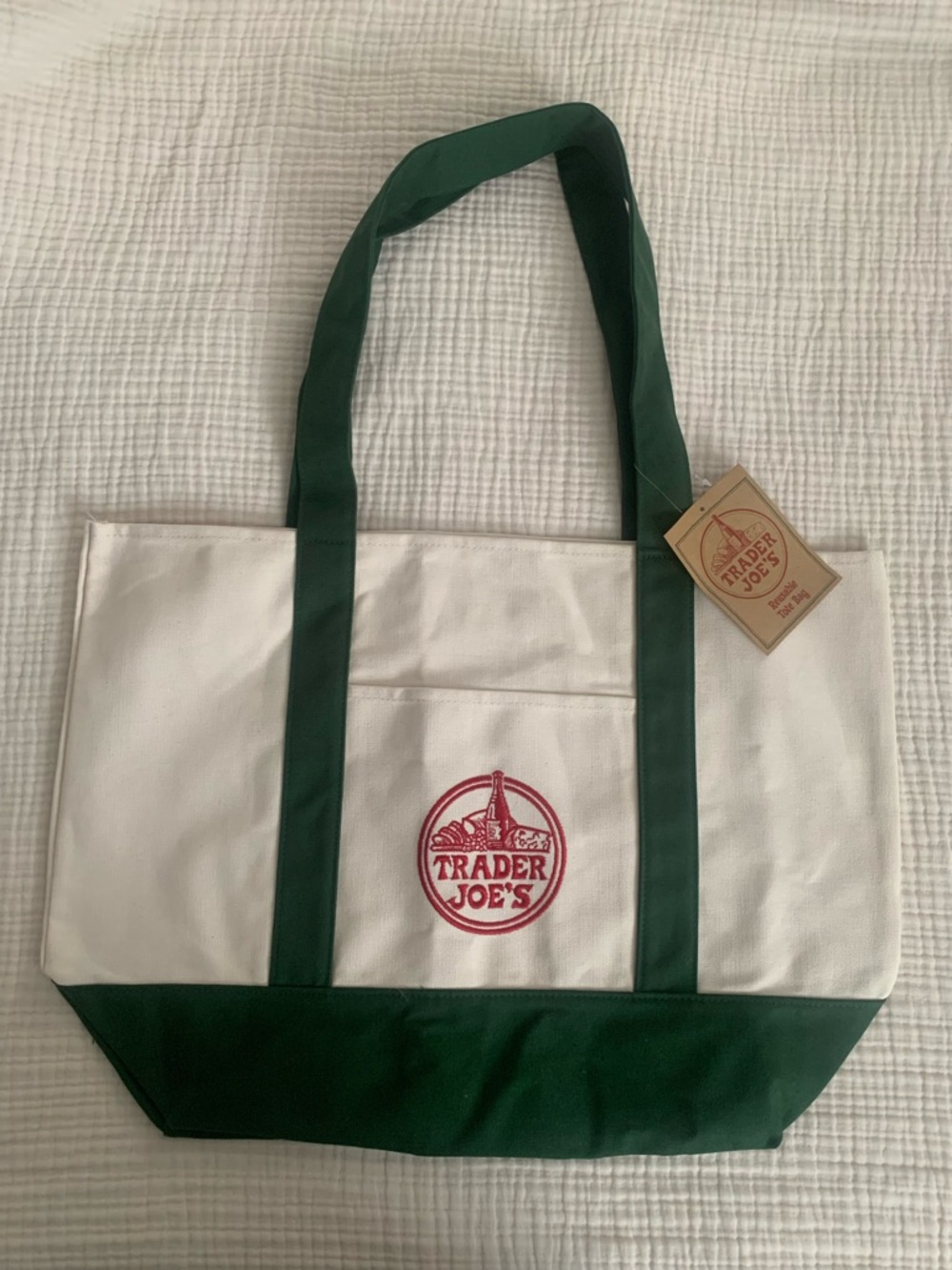 Cream and Green Canvas Tote Bag